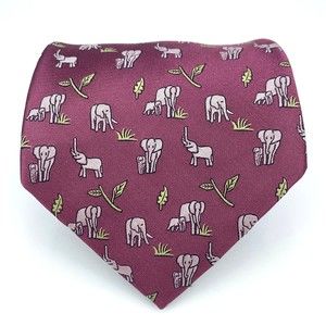 Jim Thompson Tie Mulberry Color - Elephants with Baby Animal Leaf Necktie